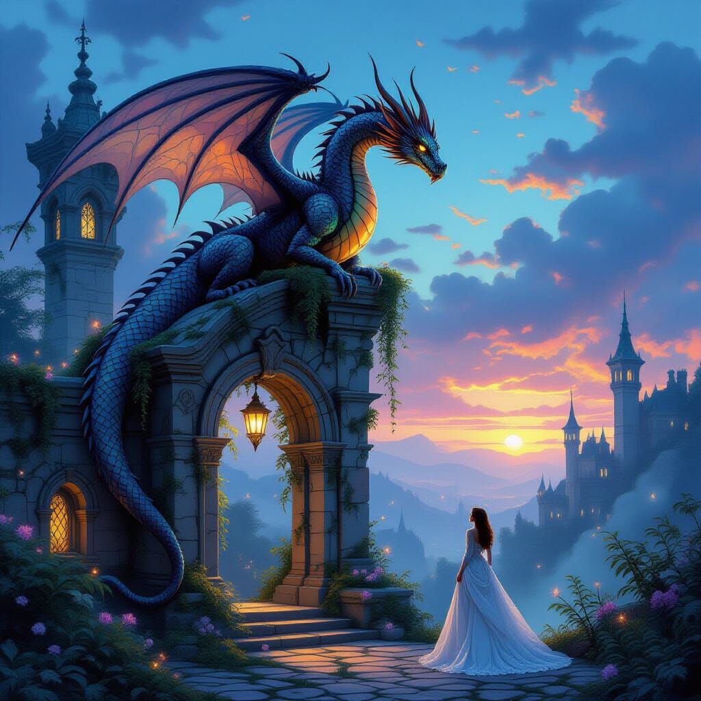 Dragon on Ruin in Ethereal Twilight