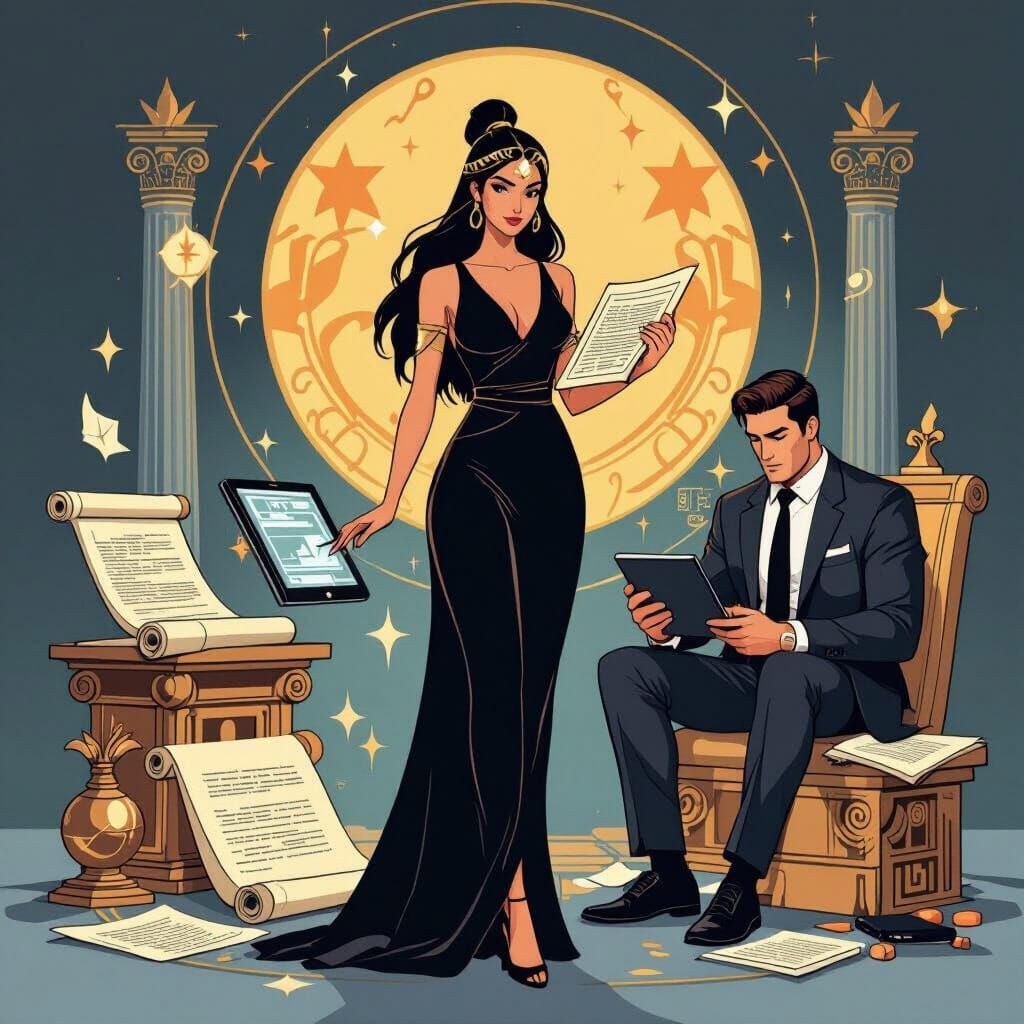 Athena as Librarian in Flat Digital Illustration Style