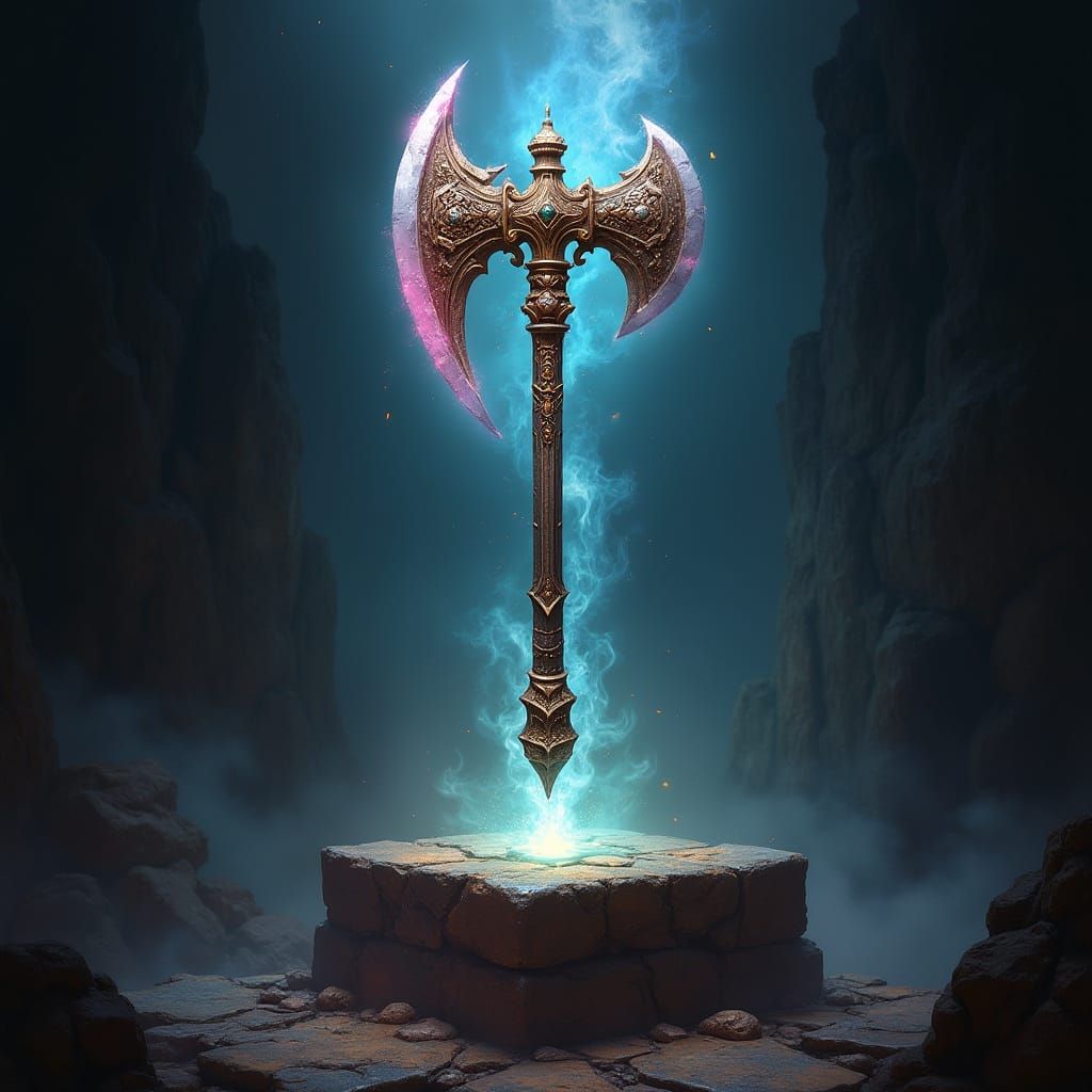 Magical Battle Axe Floating Above Pedestal in Fantasy Art St...