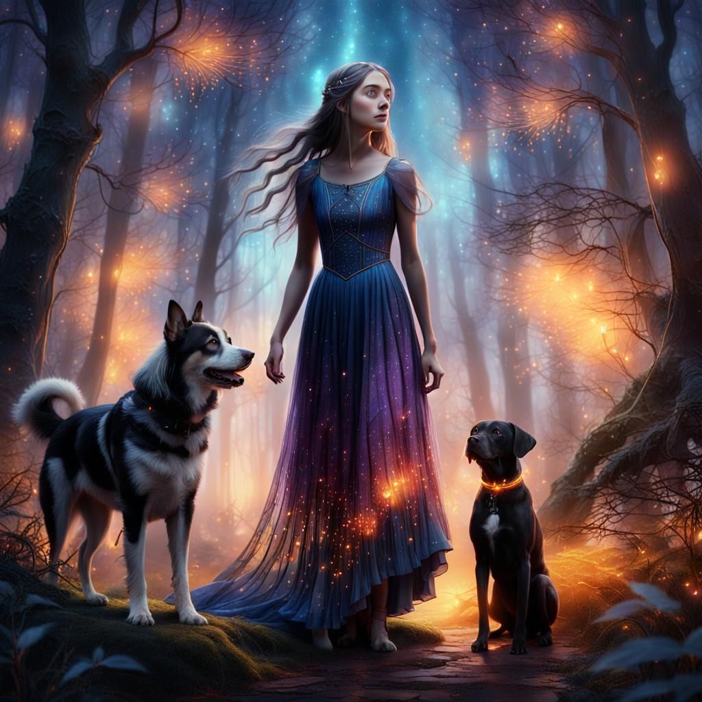 Mystical Forest: Girl and Dog in Fantasy Painting