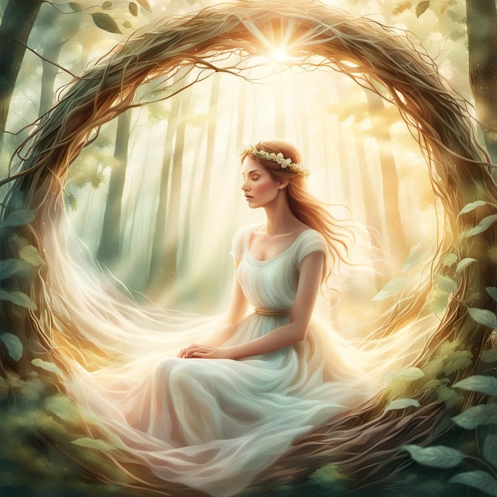 Ethereal Transparent Woman in Lighted Forest Nest