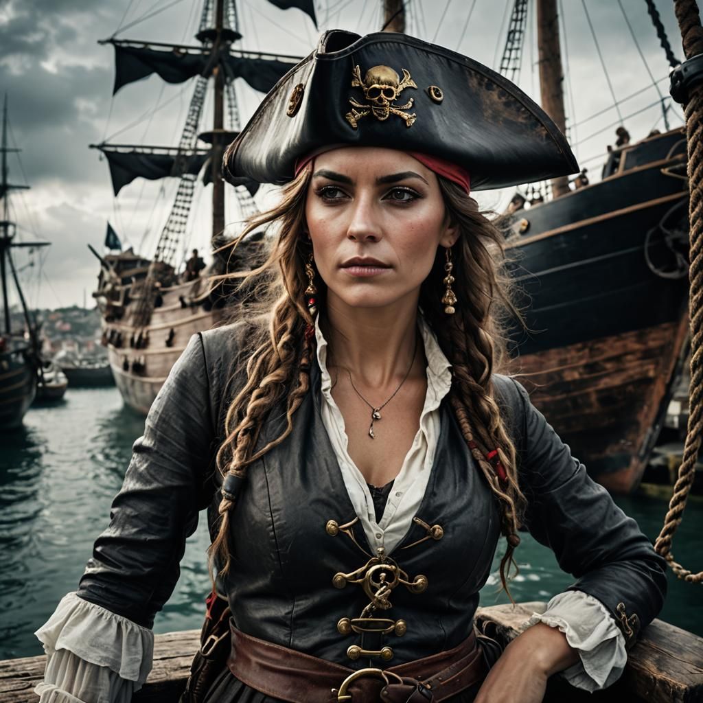 Detailed Female Pirate Portrait in Ancient Harbour