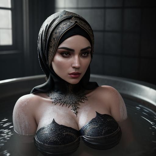 Woman with Hijab Taking a Bath, Realistic 8K Render