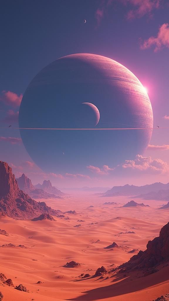 Alien Desert Landscape with Ringed Planet