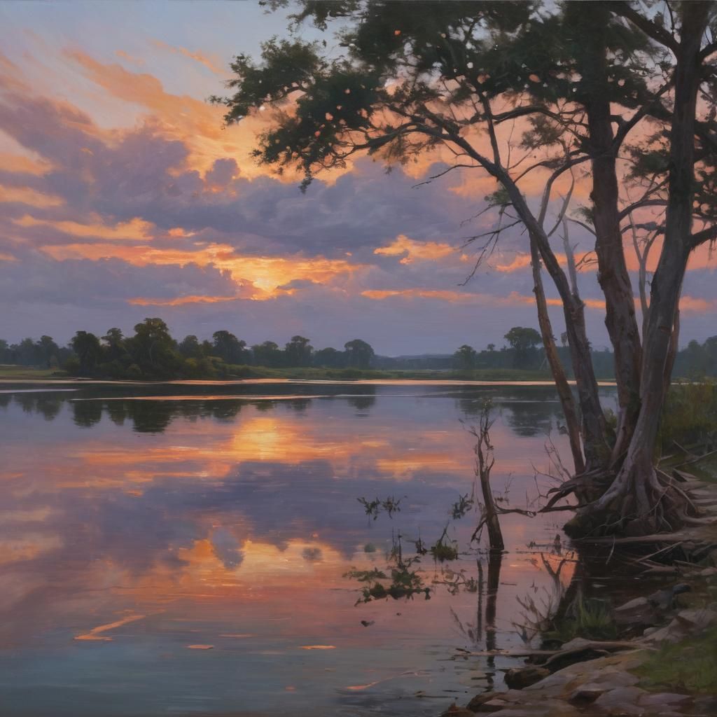 Lake at Sunset: Oil Painting in Gurney Style