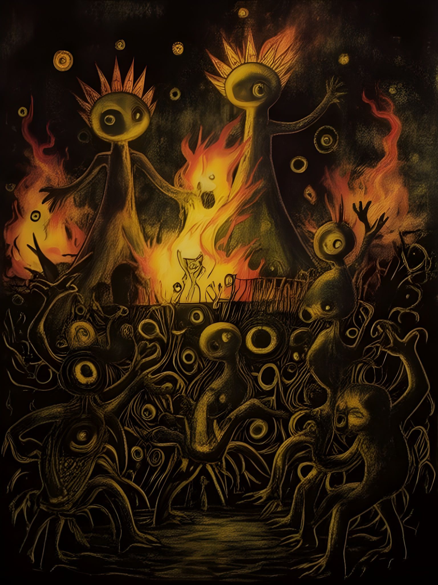 Surreal Critters Celebrate with Fire Dances in Watercolor