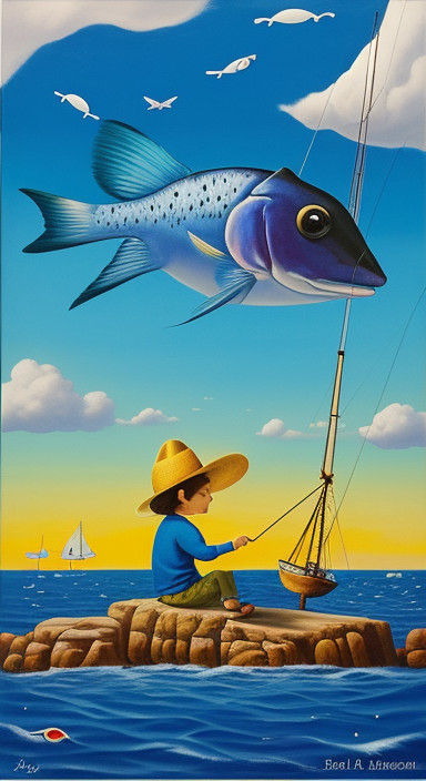 Cute Sailorboy in Surrealistic Fishing Adventure
