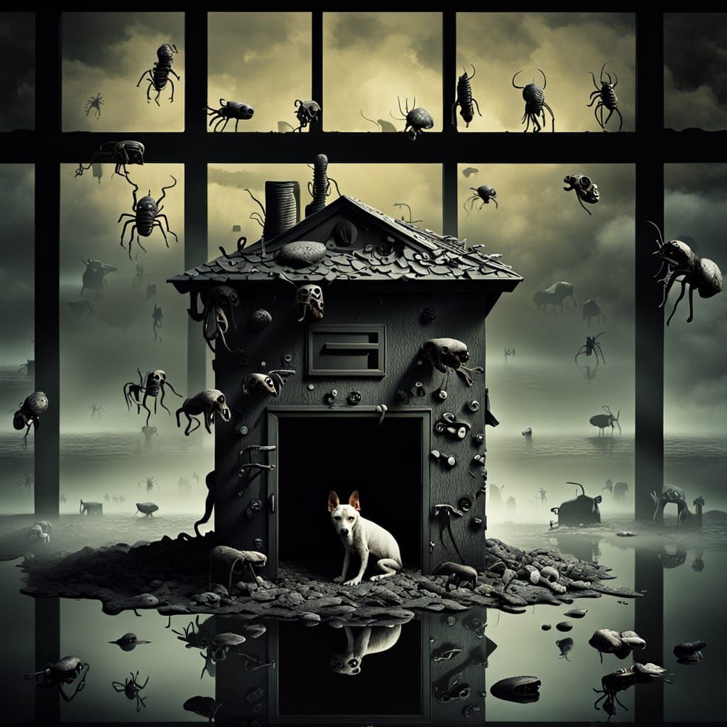 Surreal Dog House with Melting Skeletons in Dark Fantasy Sty...