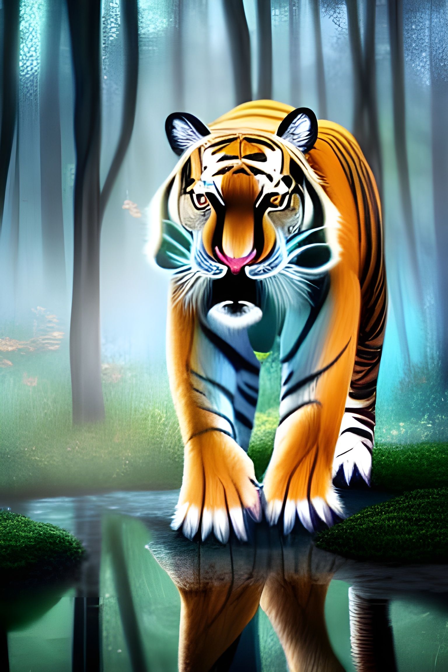 He's not quite there - Portrait of Eldritch albino tiger in forest at light, eyes burning bright, standing in a pond in ...