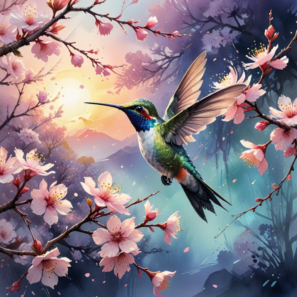 Surreal Watercolor of Hummingbird Amid Cherry Blossoms in Vi...