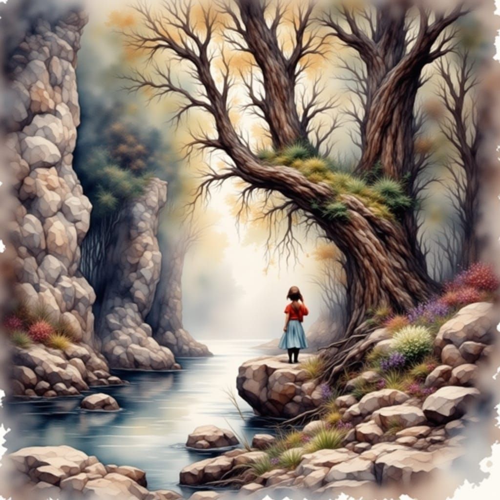 Serene Landscape in Antique Watercolor Style