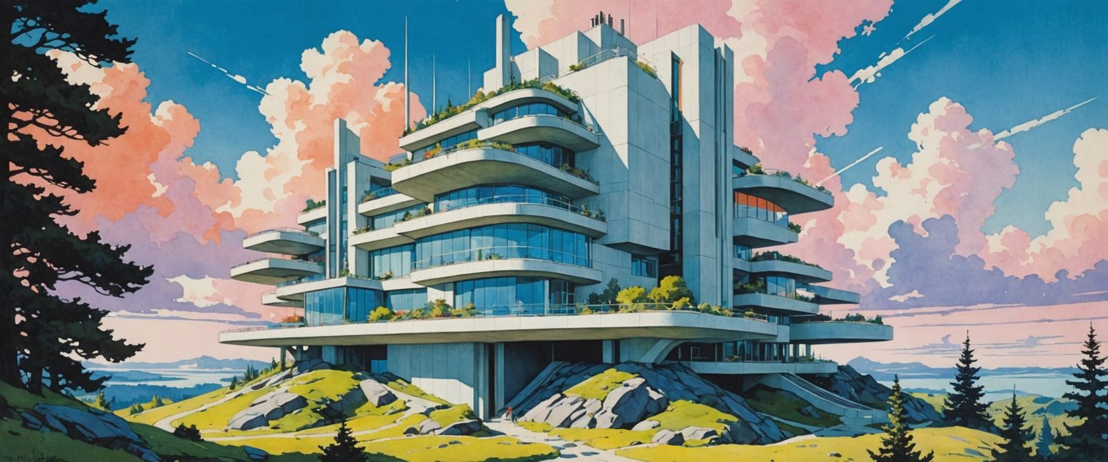 Futuristic Scandinavian Architecture in Watercolor Gouache