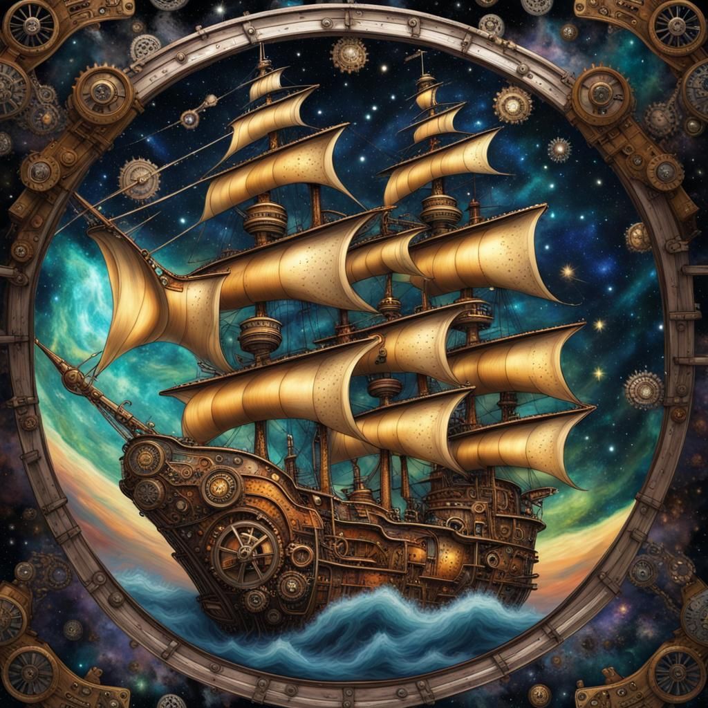 Steampunk Pirate Ship Sails Stars: Detailed Sci-Fi Art