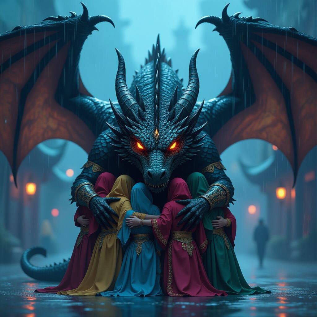 Dragon Shelter: Hyperrealistic Performers in the Rain