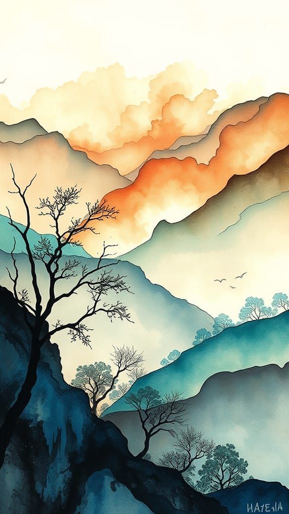 Vibrant Ink Dance in Whimsical Landscape