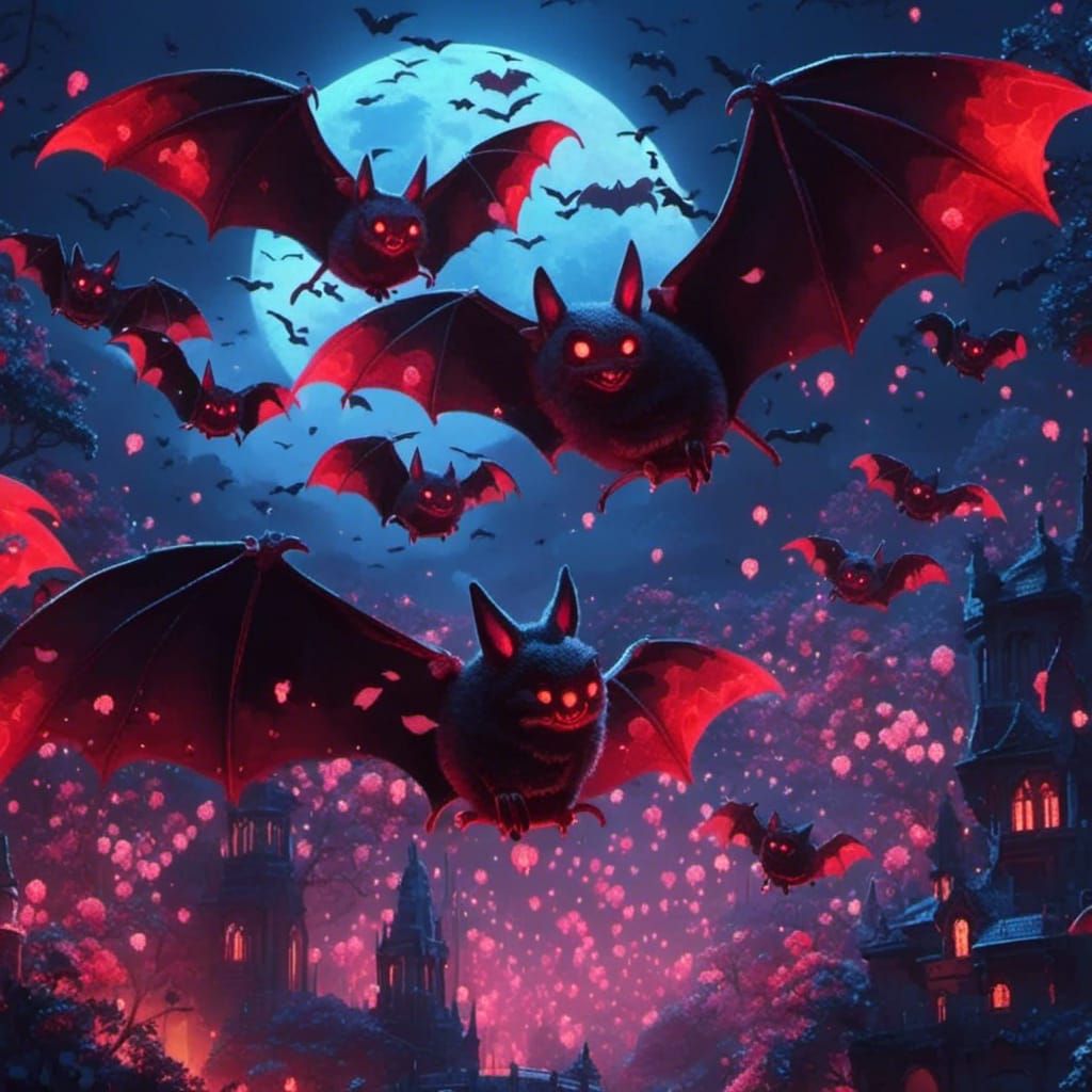 Bats with Glowing Red Eyes Fly Across Moonlit Sky