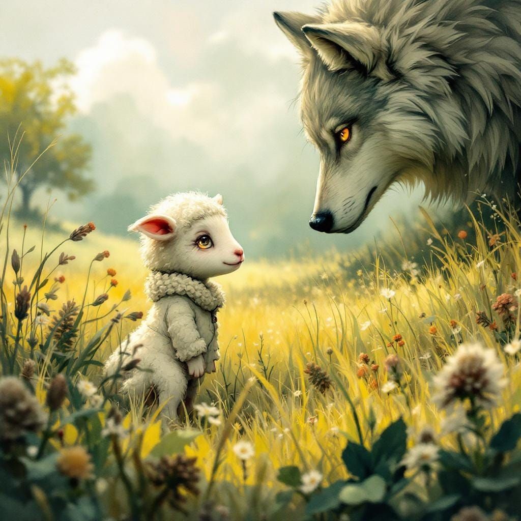 Anxious Lamb in Meadow: Whimsical, Detailed Art