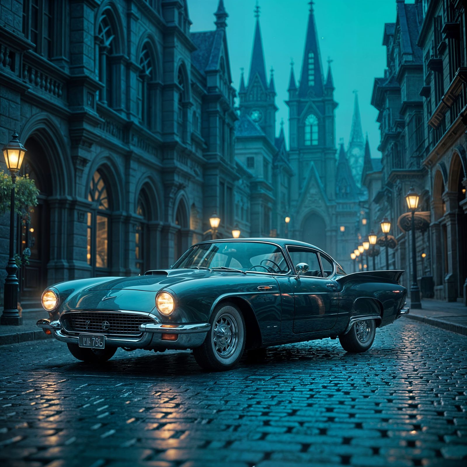 Retro-Futuristic Hover Car in Bioluminescent Gothic City