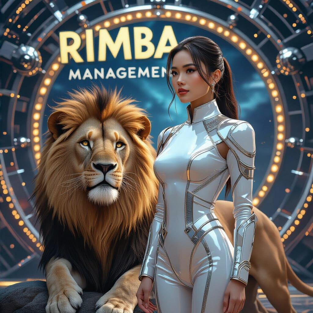 Futuristic Woman and Winged Lion in 4D Sci-Fi Style