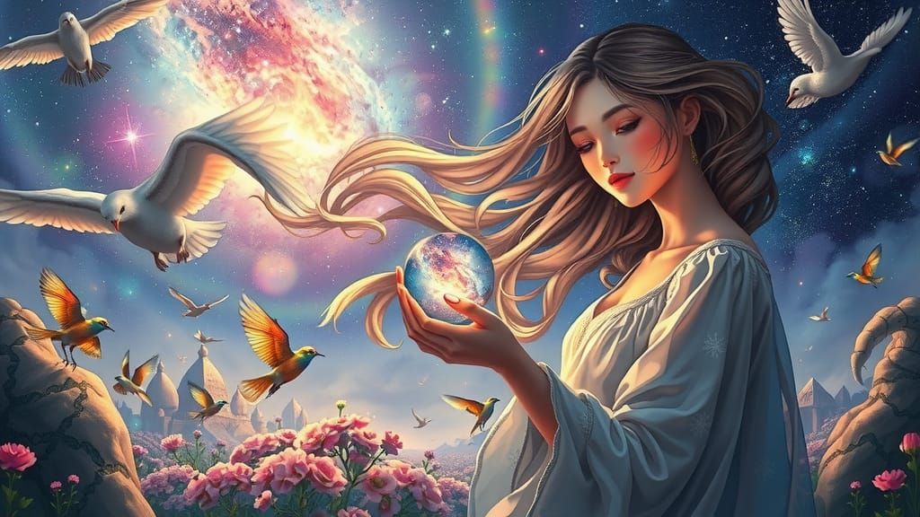 Woman Holds Galaxy in Hands: Surreal Octane Render