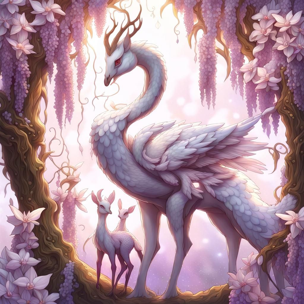 Opalescent Swan-Dragon Hybrid in Fractal Landscape