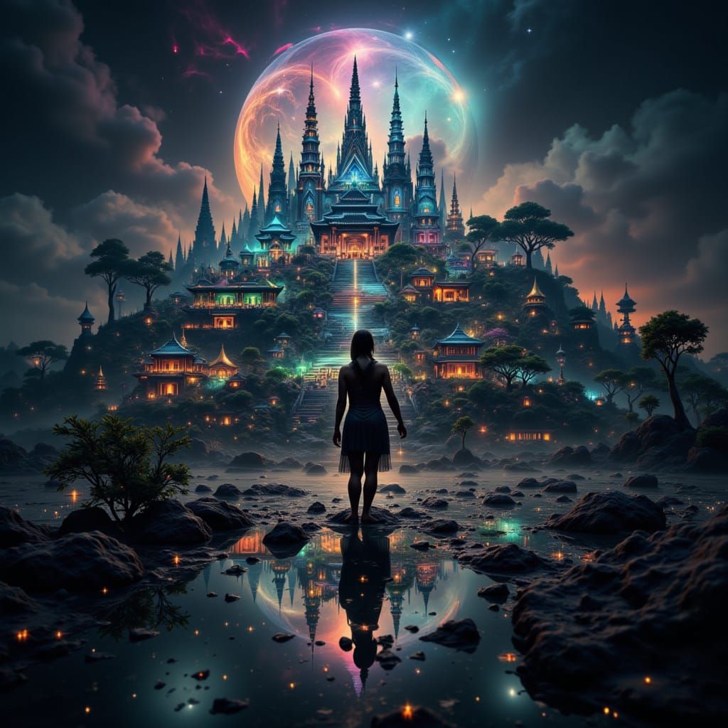 Utopian World With Wanderer in Biopunk Style