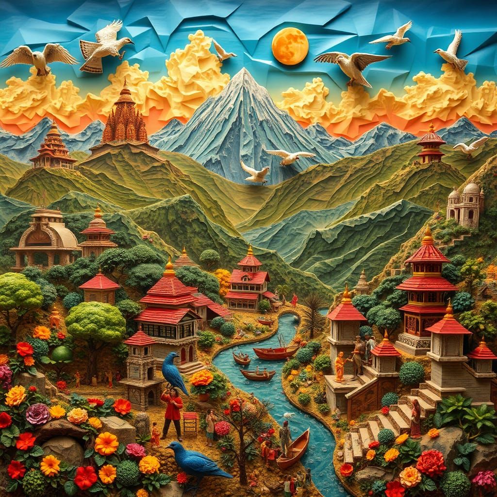 Vivid 3D Collage Landscape with Origami Paper Folds