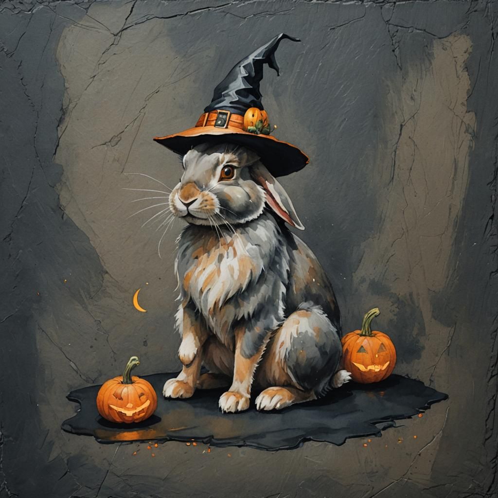 Rabbit in Witch Hat, Gouache Watercolor Halloween Scene