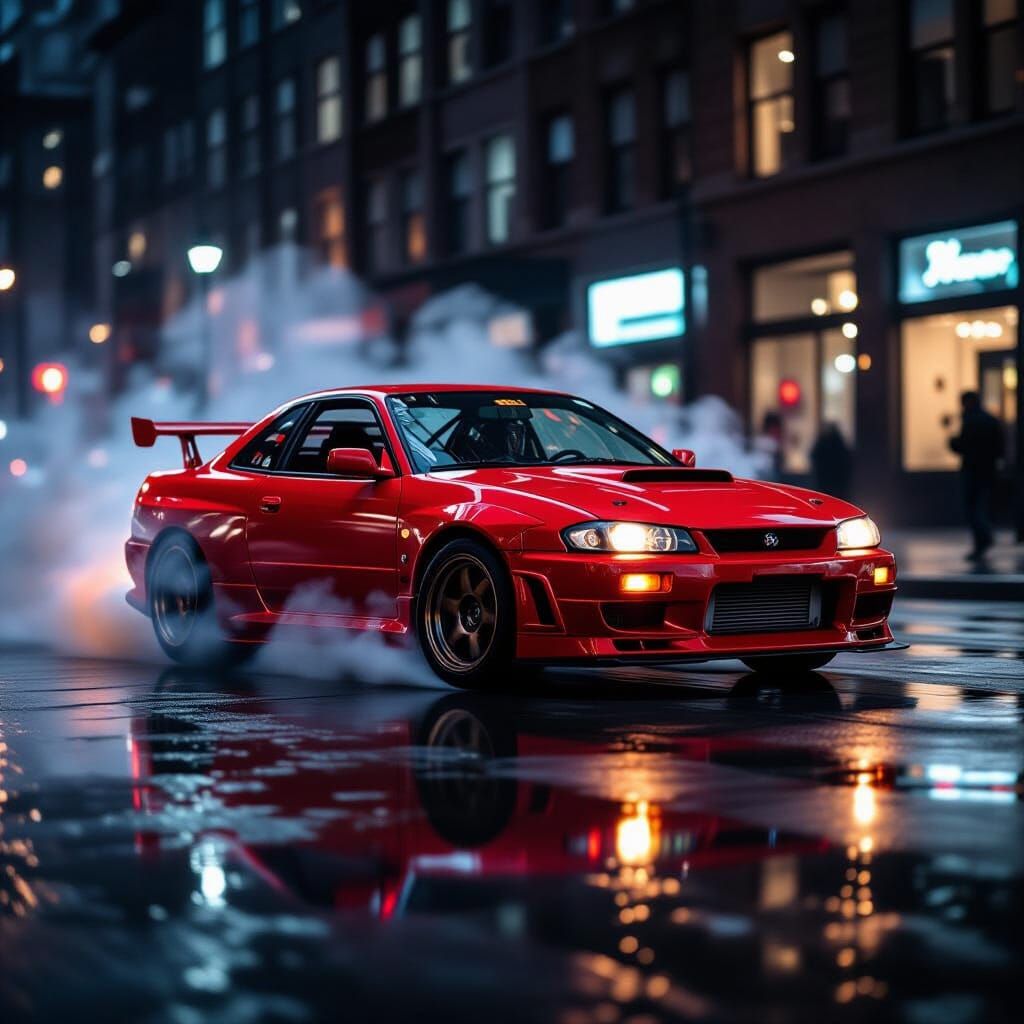 Red Drift Car Powerslides in Wet City at Night