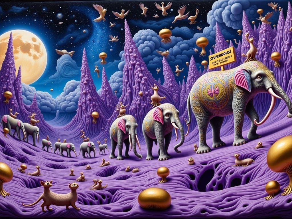Ethereal Elephants March Through Surreal Dreamscape in Iride...