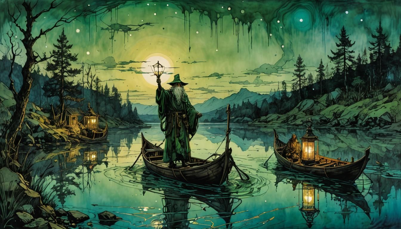 Morass Sirens at Sunset: An Arthur Rackham-Inspired Scene