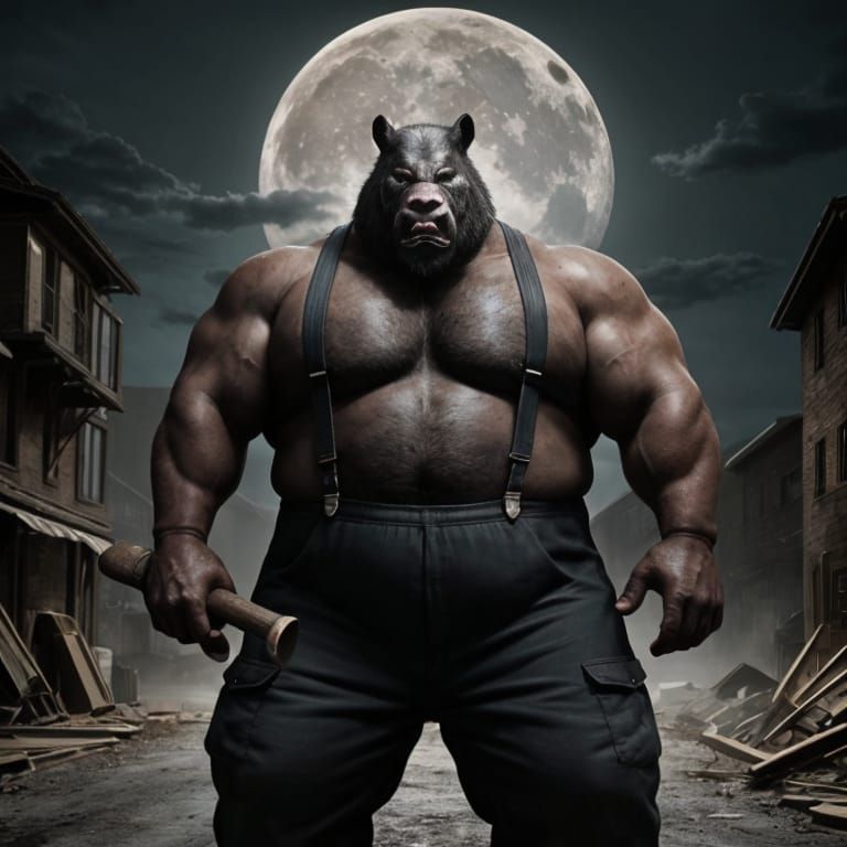 Man with Boar Head and Axe at Night