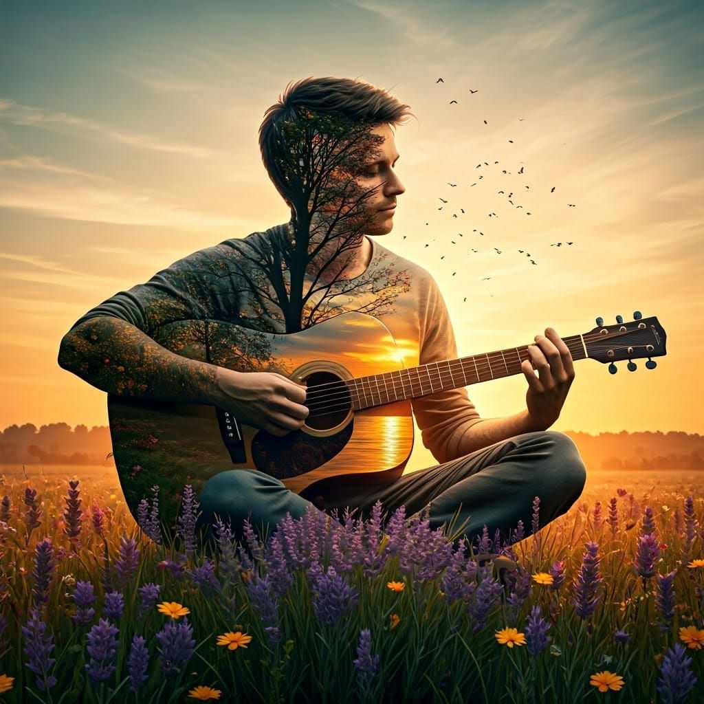 Dreamy Guitarist Merges with Nature in Vibrant Floral Landsc...