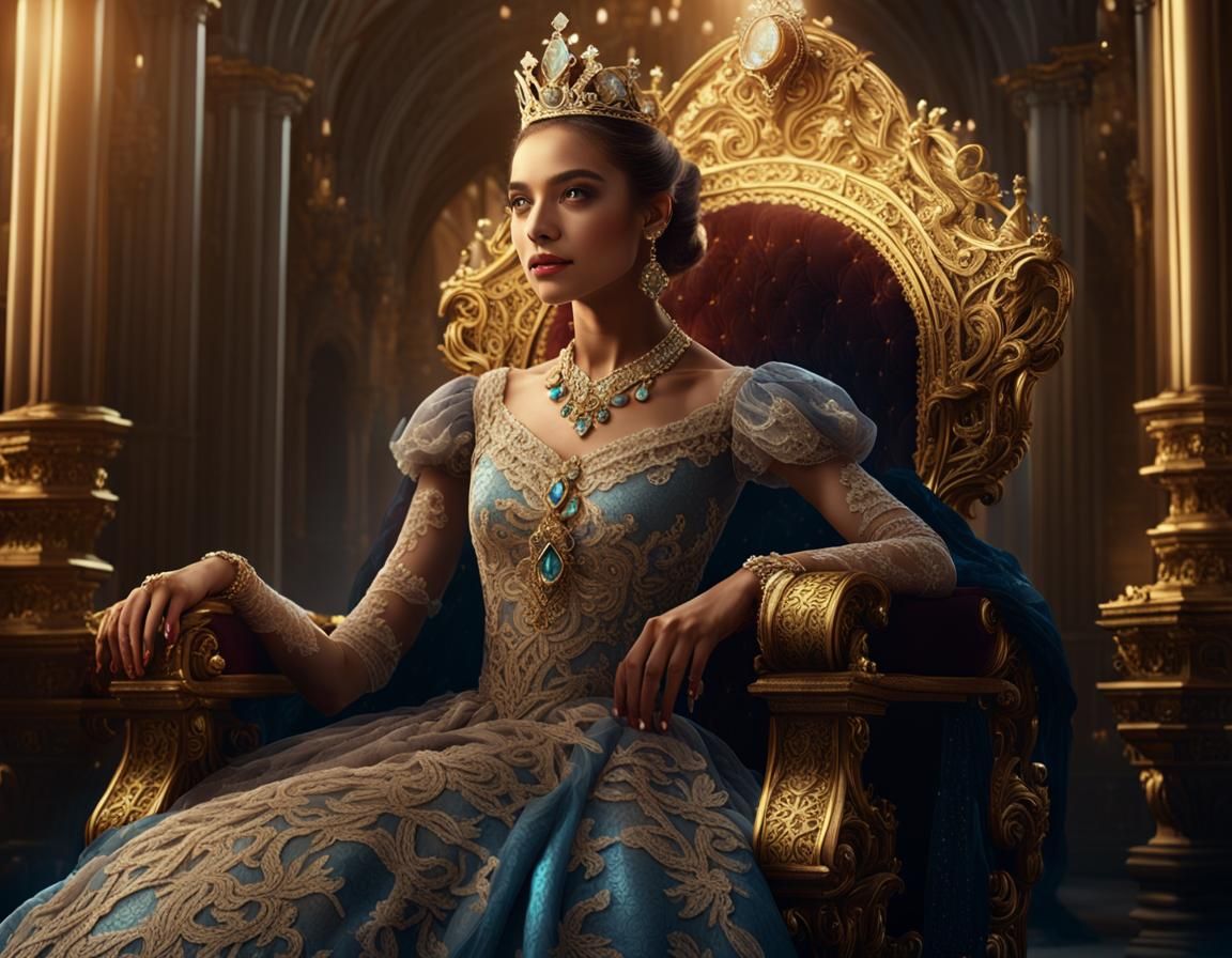 Elegant Young Queen on Golden Throne, Detailed Matte Paintin...