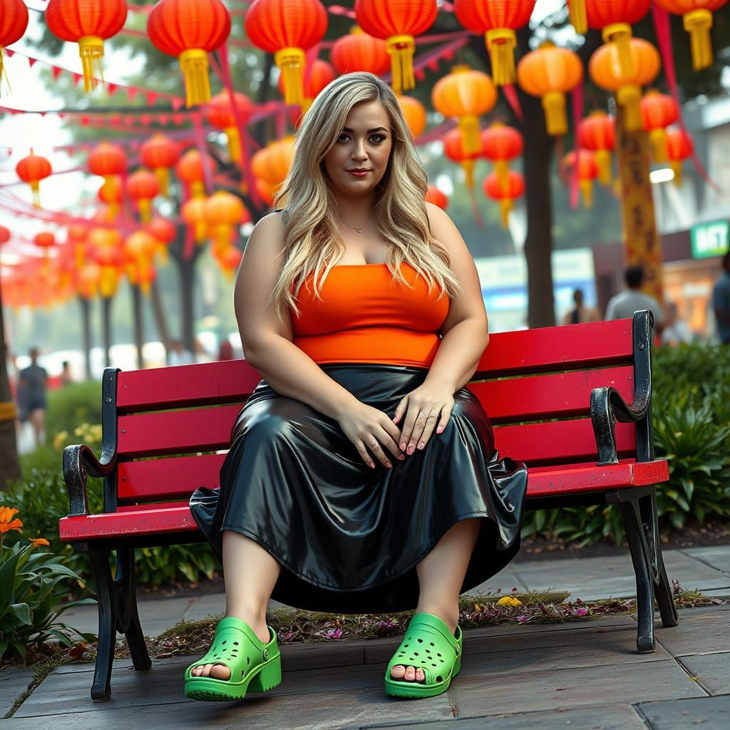 Woman in Vibrant Orange Attire at a Whimsical Festival