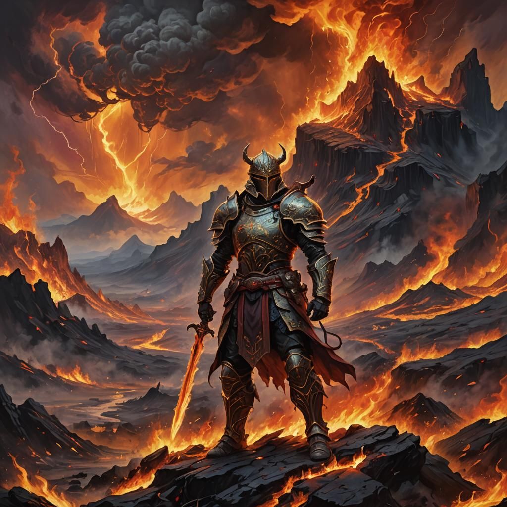 Warrior in Hellish Landscape: Fantasy Oil Painting