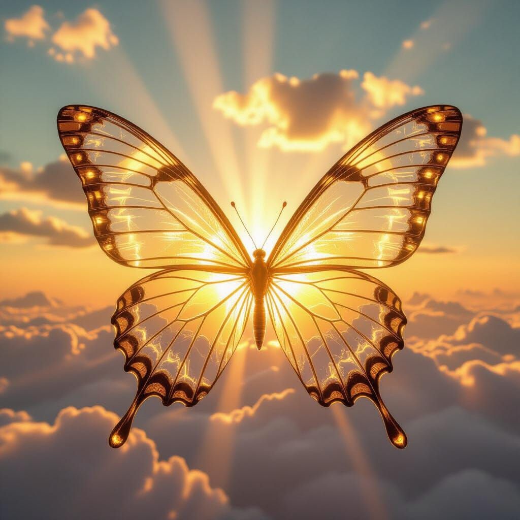Colossal Glass Butterfly in Golden Sunset Sky