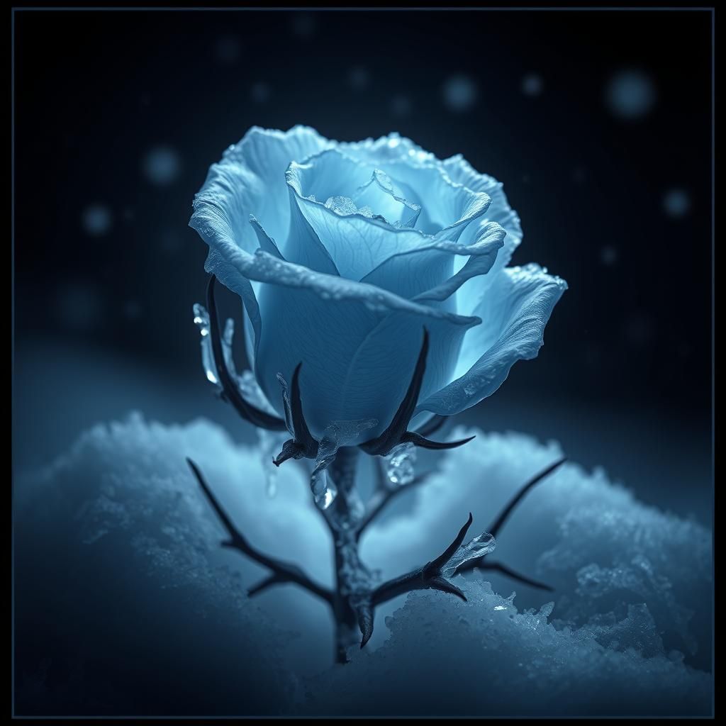 Frozen Blue Rose Encased in Ice and Thorns