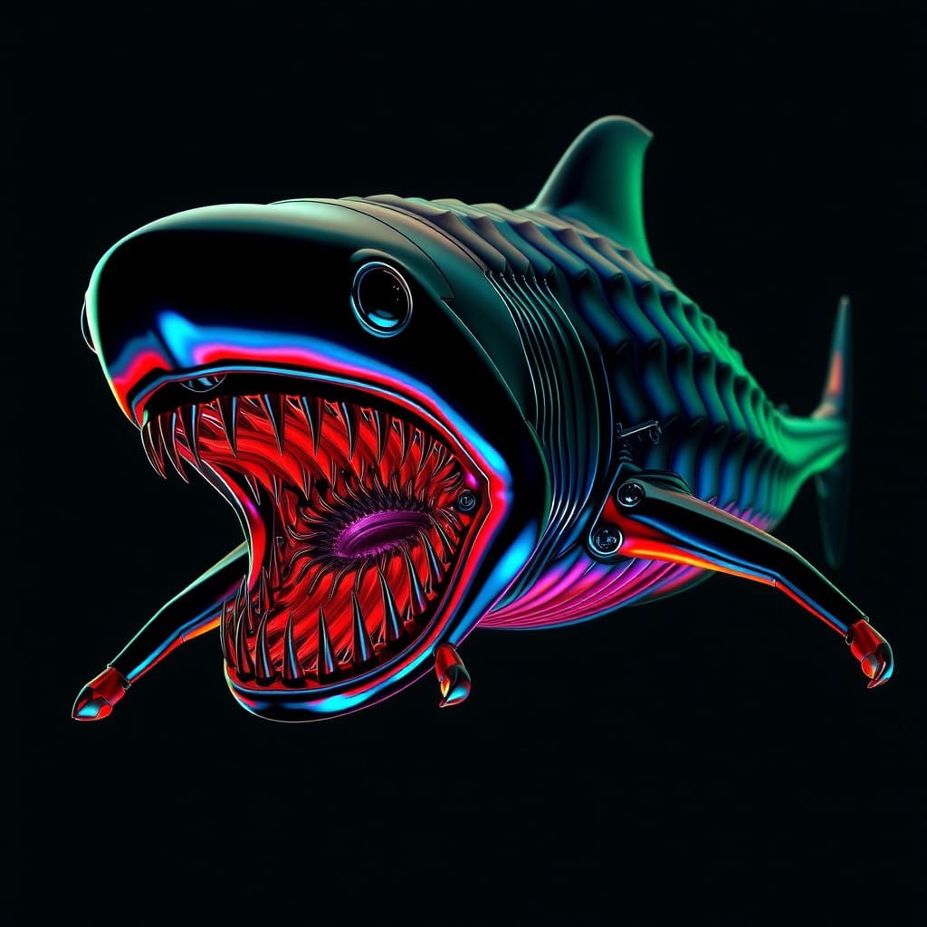 Alien Shark Creature in Neon Armor, Dark Aquatic Horror