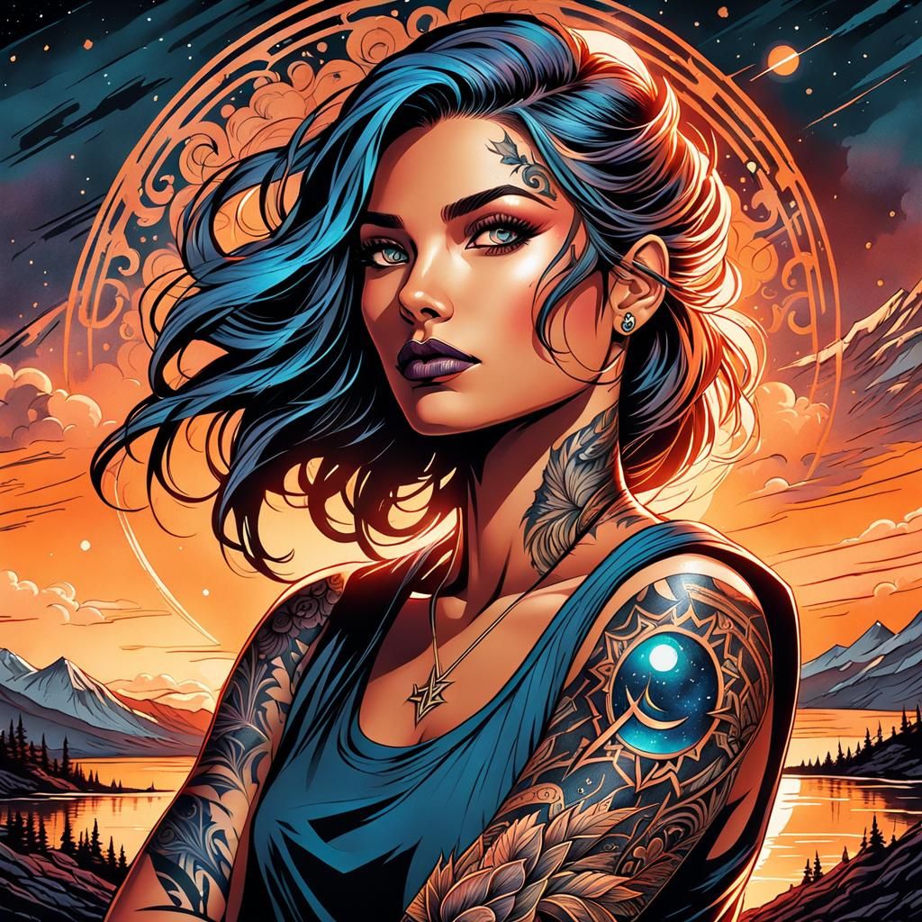 Tattooed Girl Portrait in Comic Book Art Style