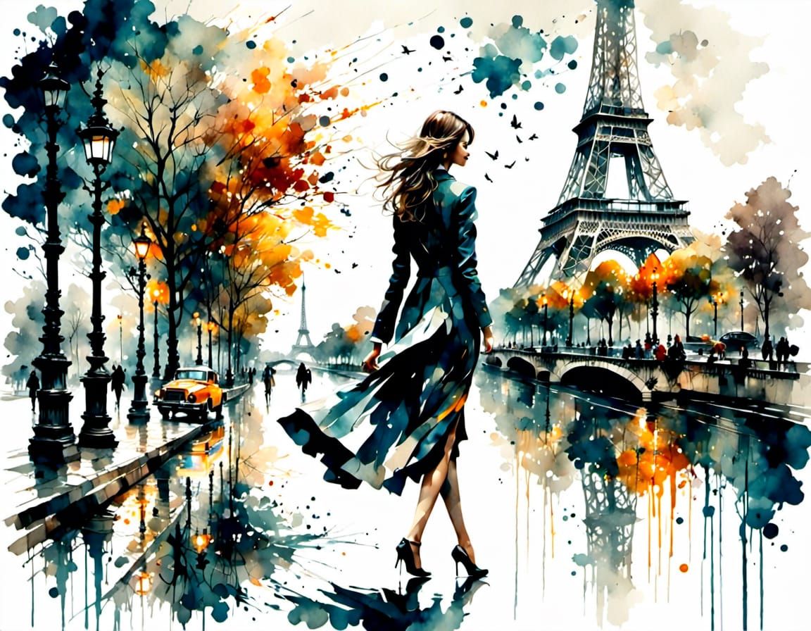Eiffel Tower Scene in Antique Watercolor Style