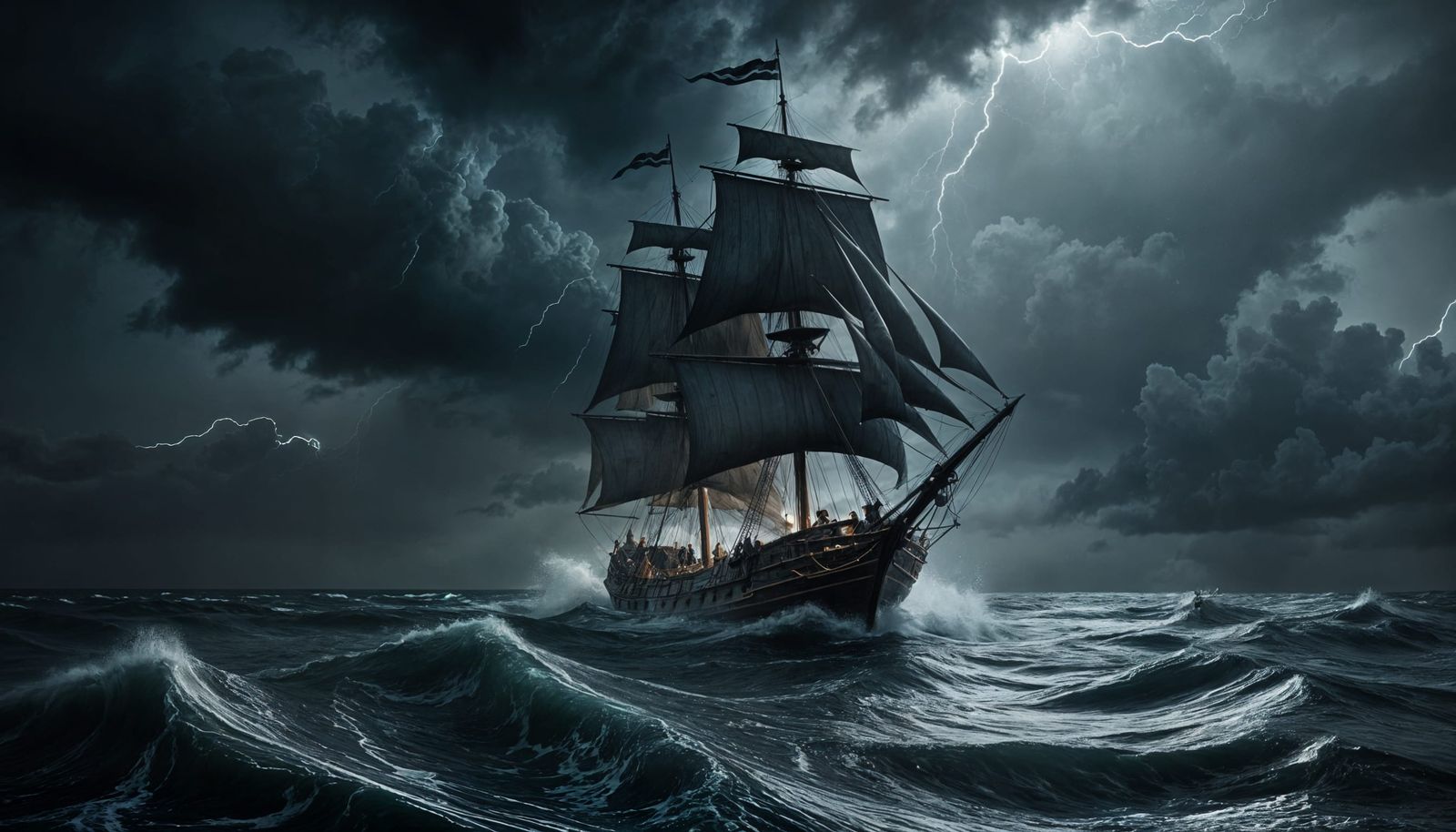 Ancient Sailing Ship Navigating Stormy Seas