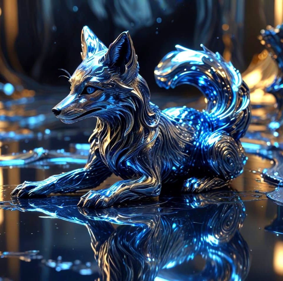 Liquid Sapphire Fox Sculpture in Futuristic Style