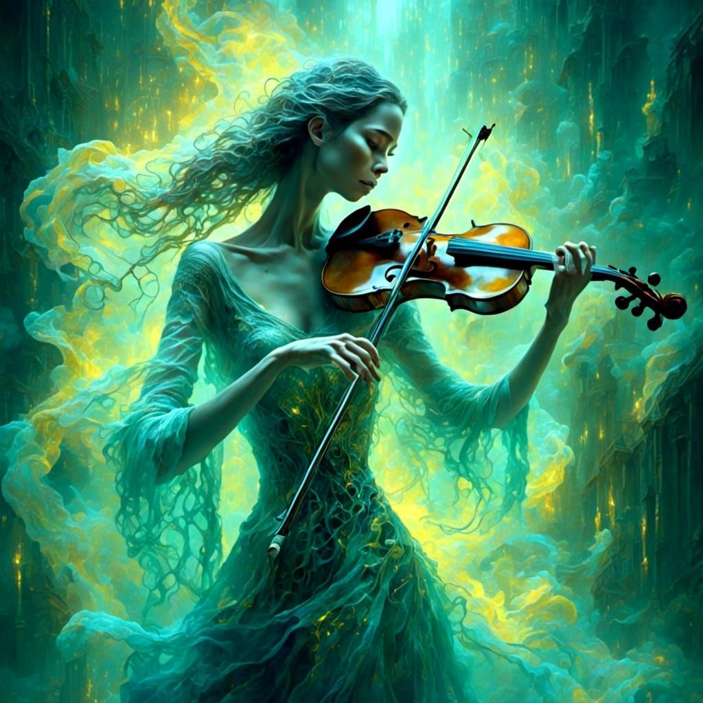 Ethereal Violinist Plays Symphony in Smoky Sky