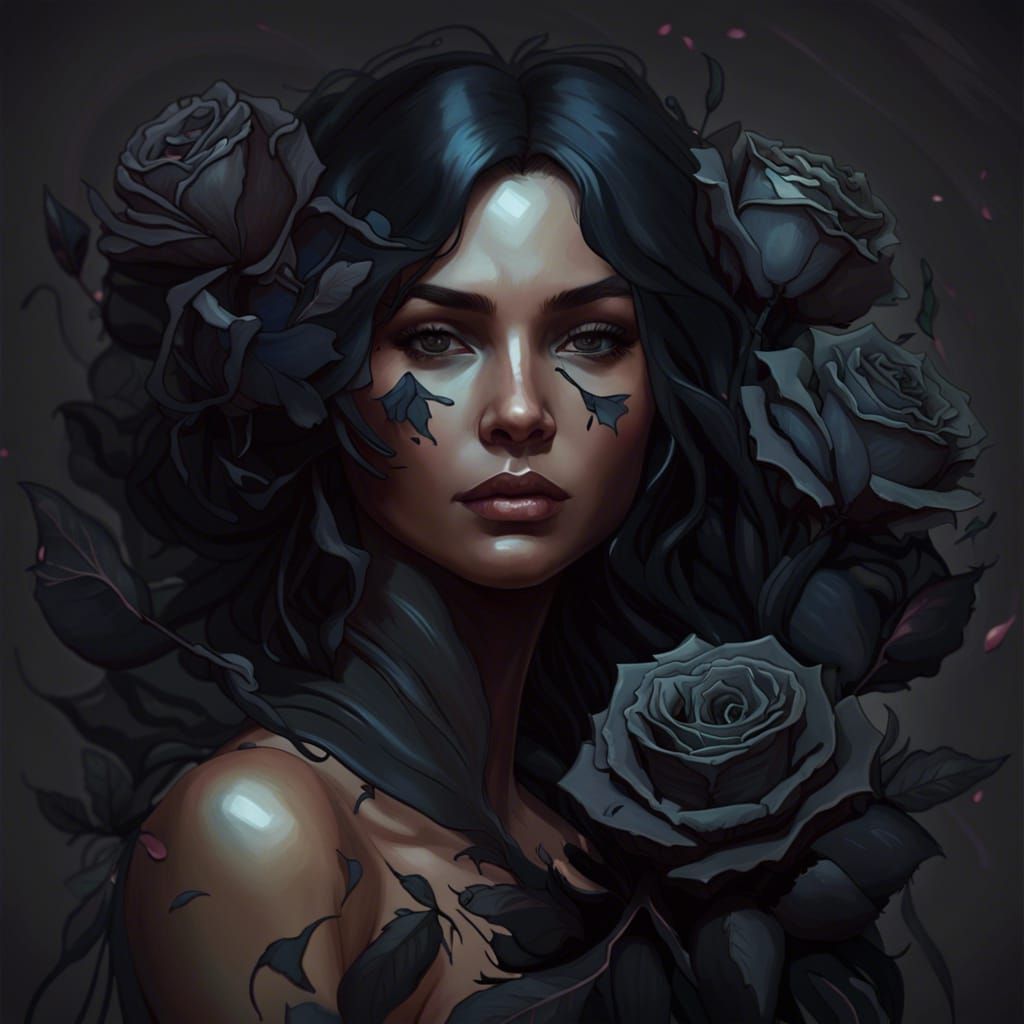 Woman with Black Roses Portrait in Hyperdetailed Style