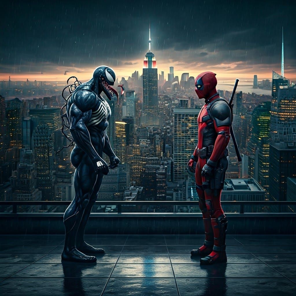 Venom and Deadpool Clash on Rainy Rooftop