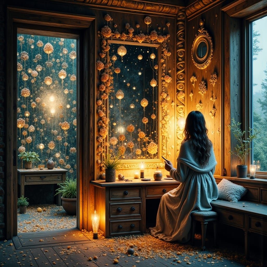 Surreal Cabin Scene with Woman Painting Patterns
