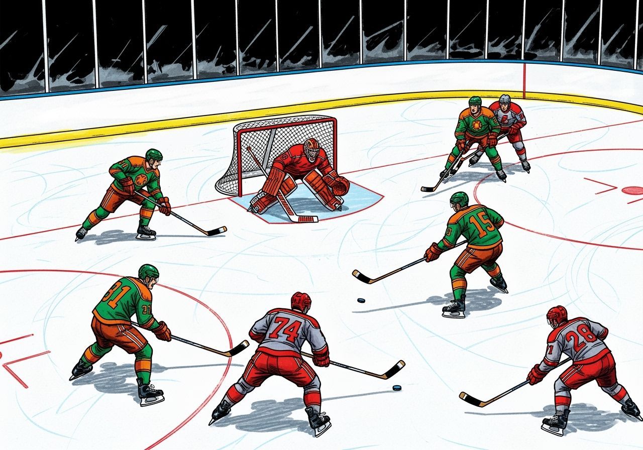 Dynamic Hockey Game from Above in Comic Book Style