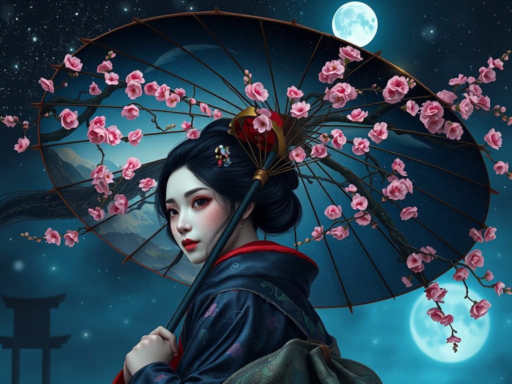 Geisha Emerges from Embroidered Japanese Landscape Umbrella