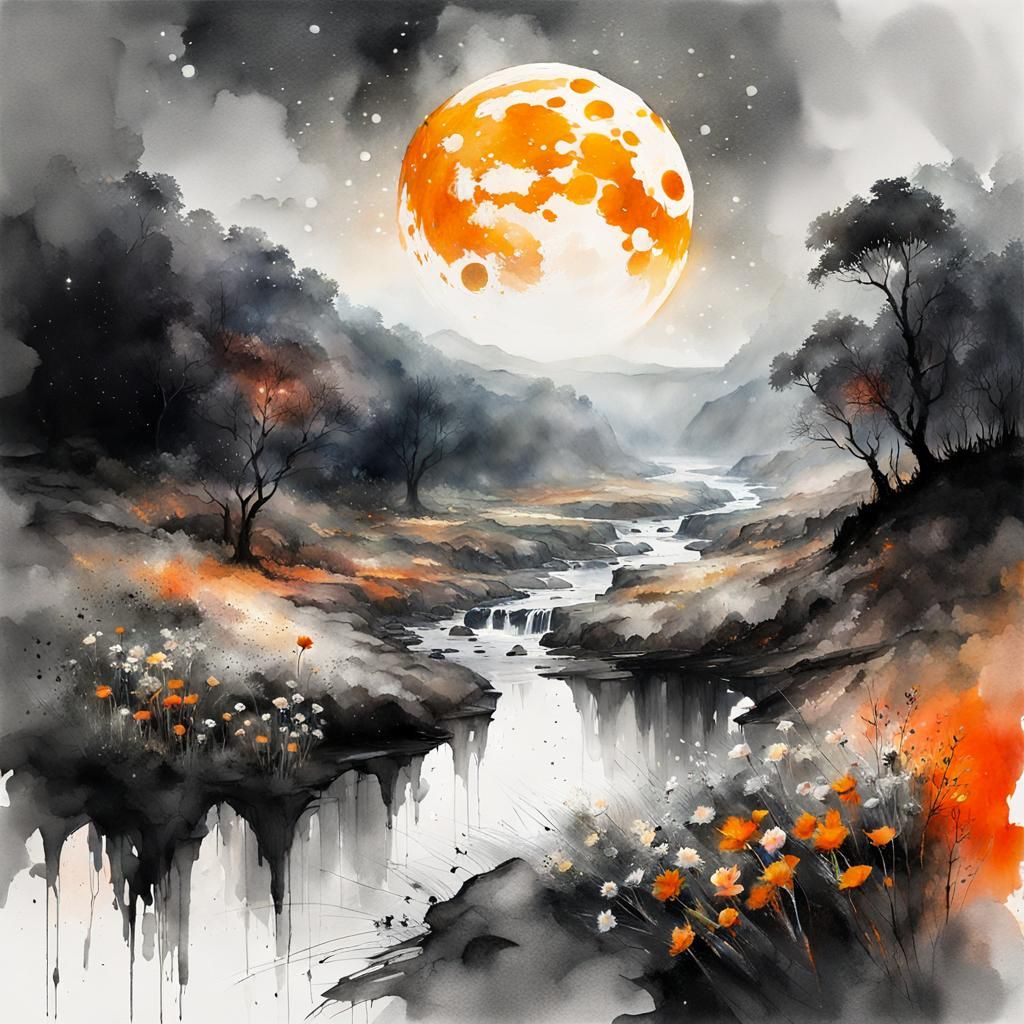 Lush Moonlit Landscape in Watercolor Style